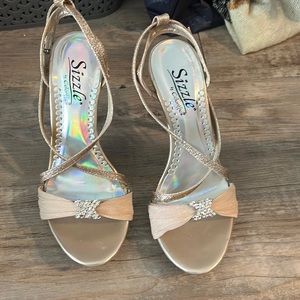 Tan and gold heels with ankle wrap size 6